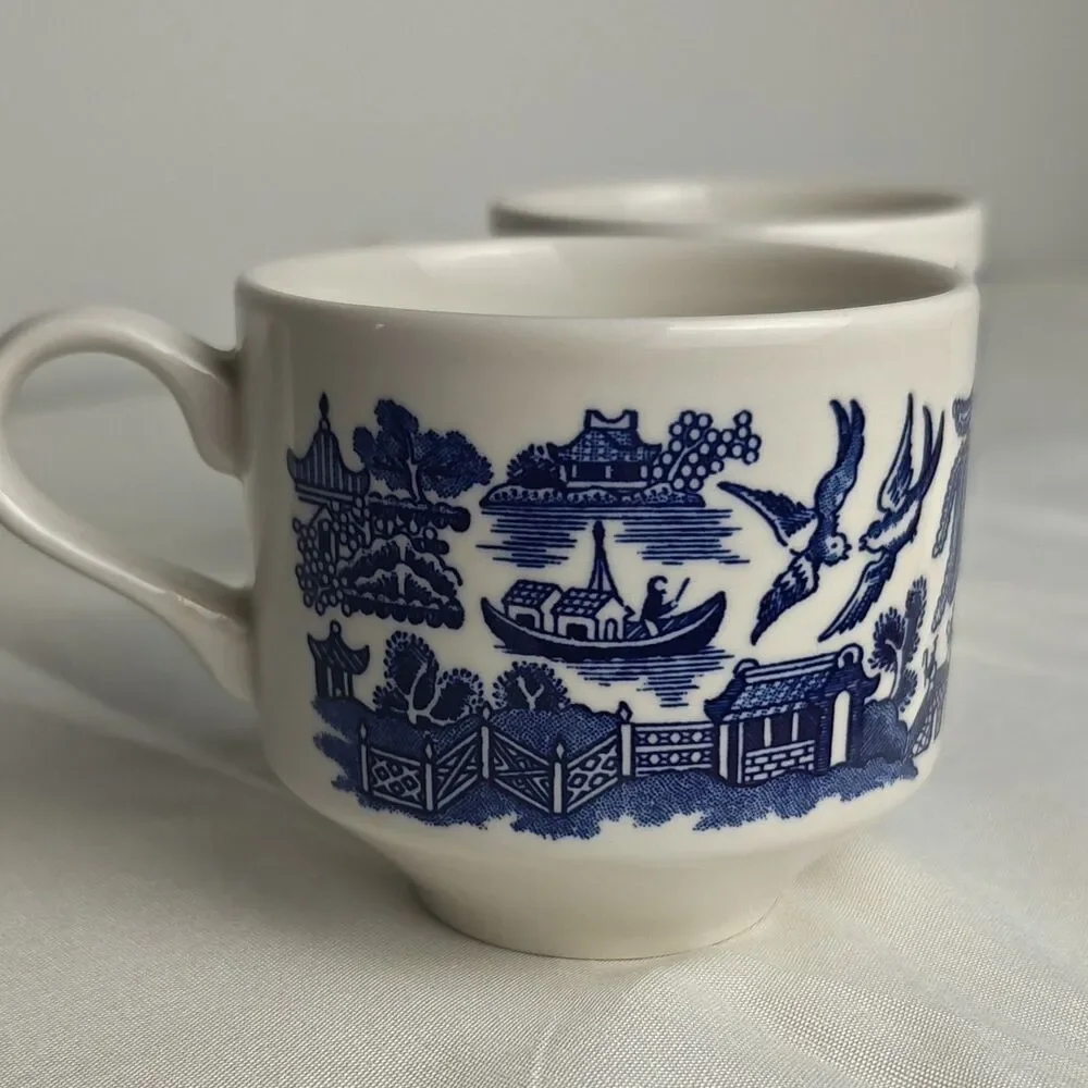 2 Vintage CHURCHILL England cobalt Blue Tea Coffee Cups asian Japan inspired